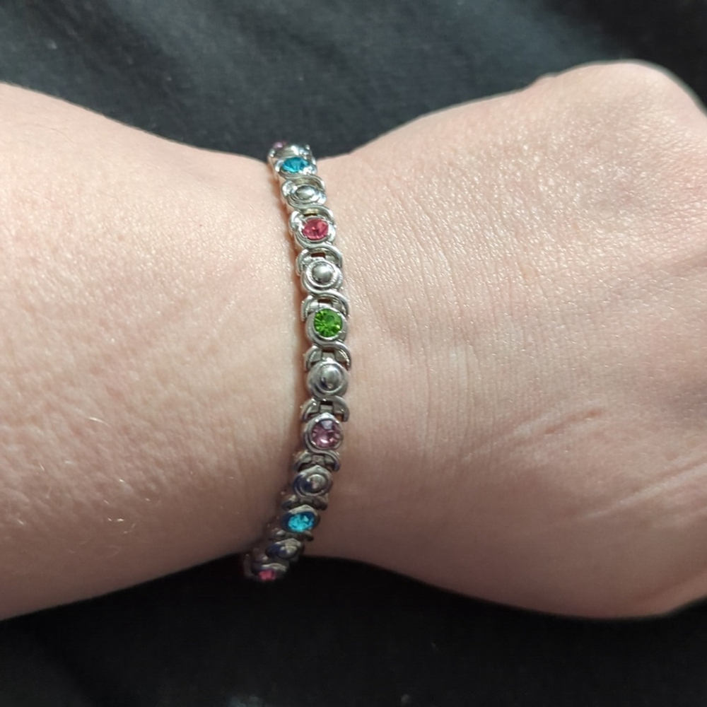 Silver Tone Pastel Rhinestone Tennis Style Statement Bracelet
